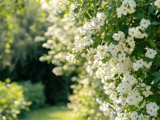 Lush white flowers cascading over a garden wall