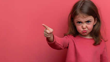 Angry white girl pointing a finger, copy space