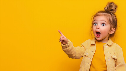 Surprised white girl pointing a finger, copy space