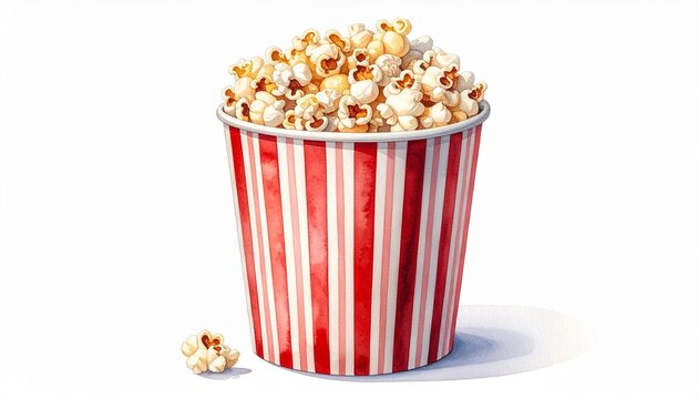Classic popcorn container with red and white stripes, filled with golden popcorn and surrounded by scattered kernels on a white surface.