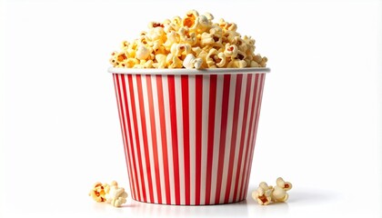 Classic popcorn container with red and white stripes, filled with golden popcorn and surrounded by scattered kernels on a white surface.