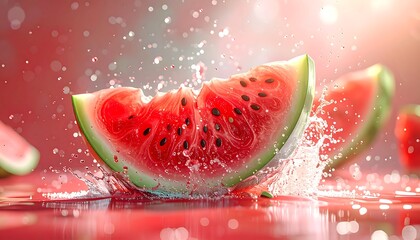 A slice of juicy red fruit splashes in water, with more slices