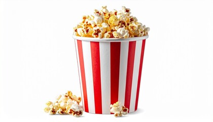 Classic popcorn container with red and white stripes, filled with golden popcorn and surrounded by scattered kernels on a white surface.