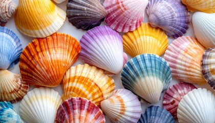 Artistic arrangement of colorful seashells in varied shapes and patterns on a clean white surface.