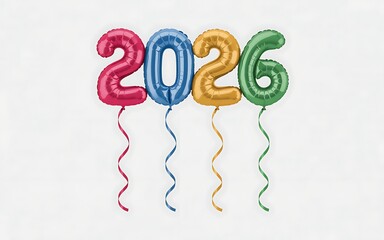 Bright Multi Color Foil Balloon Numbers 2026 Floating with Ribbons on White