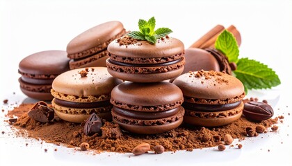 Delicious arrangement of chocolate macarons with mint garnish, surrounded by cocoa, coffee beans, cinnamon sticks, and chocolate chunks.