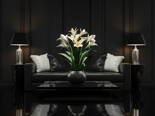 Luxurious black living room with lilies