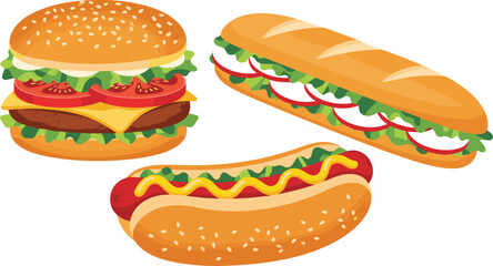 Delicious Fast Food Feast Featuring a Burger, Sub Sandwich, and Hotdog on a White Backdrop Ready for a Summer Picnic, Representing Healthy Lifestyle Choices and Culinary Delights Ideal for Restaurant