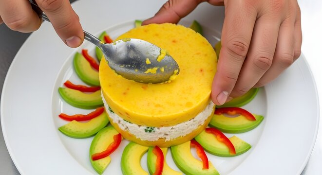 Preparing Layered Yellow Causa Rellena with Avocado and Bell Pepper