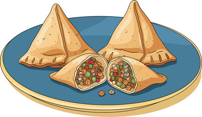 Delicious Samosas on a Blue Plate Ready to Eat, Traditional Indian Appetizer, Savory Snack, Vegetarian Food for Catering Events, Celebrations, or Restaurant Menus. Culinary Illustration in Modern Cart