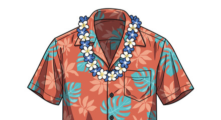 Cartoon Hawaiian Shirt with Floral Lei - Tropical Vacation Apparel for Relaxed Summer Vibe, Colorful Design for Travel Advertisement, Leisure Presentation, Tourism Marketing, Exotic Island Lifestyle,