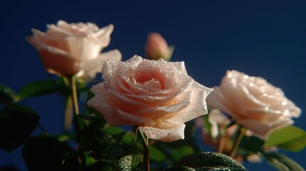 Delicate pale pink roses covered in morning dew sparkle against a deep blue sky