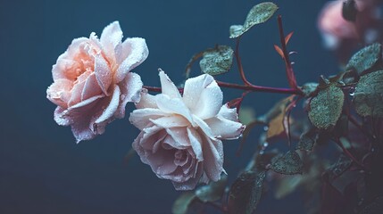 Delicate pale pink roses bloom covered with sparkling fresh water droplets against a dark background