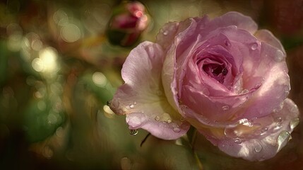 Delicate pink rose bloom glistens with fresh water droplets against a soft bokeh background