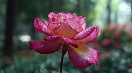 Bicolored rose bloom displays tiny water droplets on its petals in a garden setting