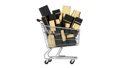 A shopping cart filled with black and gold gift boxes, isolated on transparent background, representing luxury shopping and premium purchases
