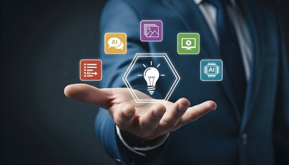 Businessman holding a glowing light bulb icon surrounded by various technology and business icons, symbolizing innovation and ideas