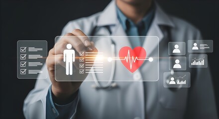 Doctor using a futuristic holographic interface to display patient health data, including vital signs and medical history