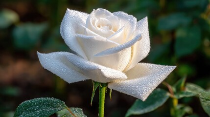 Pristine white rose bloom glistens with morning dew drops