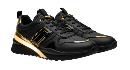 Stylish black and gold luxury sneakers isolated on transparent background, showcasing modern design and premium craftsmanship for fashionforward individuals