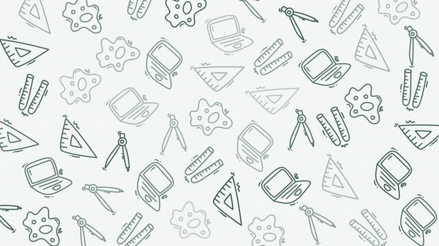 Patterned educationthemed doodles of rulers, laptops, and protractors for school supplies inspiration. Ideal for educational materials, stationary branding, and classroom decor.