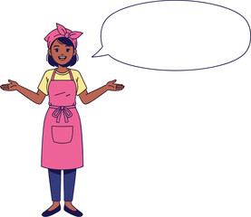 Cheerful Woman Presenting an Idea with Open Arms in Bright Kitchen: A Vector Cartoon Illustration for Cooking Tutorials & Housekeeping Services (198/200 chars) An inviting vector cartoon illustratio