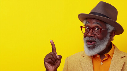 Surprised black old man pointing a finger, copy space