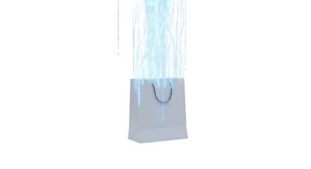 A white shopping bag with blue digital data streams flowing into it, isolated on transparent background