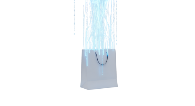 A white shopping bag with blue digital data streams flowing into it, isolated on transparent background