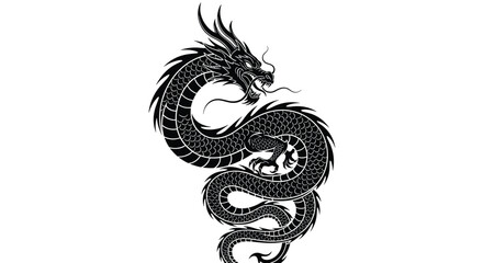 Majestic Asian Dragon Coiled in Serpentine Form, Symbolic of Power and Mysticism on a White Backdrop, Embodying Fantasy and Legend for Tattoo Design, Branding, and Mythical Illustrations, Traditional