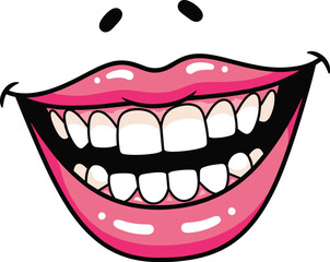 Cartoonish Wide Smile Revealing White Teeth and Pink Lips on White Background: Illustration for Dental Care, Healthcare, and Happy Expression Concepts &ndash; Graphic Resource for Children's Designs, Humor,