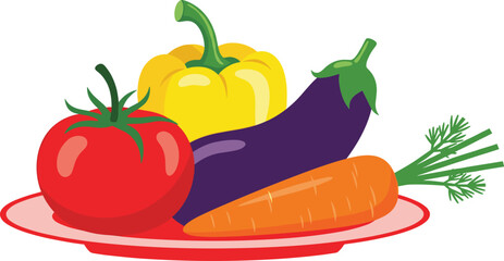 Vibrant Vegetable Still Life on a Plate Illustrating Fresh Produce and Healthy Eating, Perfect for Nutrition Education, Culinary Arts, or Organic Food Promotion, Featuring a Tomato, Pepper, Eggplant,