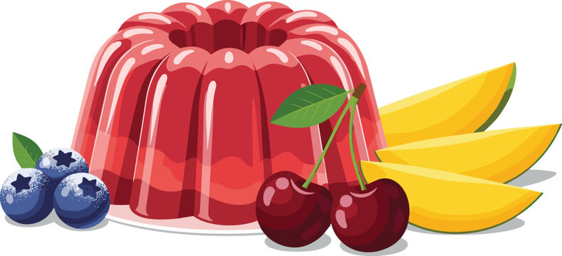 Delicious Red Jello Mold Dessert with Fresh Fruit Serving: A Vibrant Still Life for Culinary Presentations, Food Marketing, and Healthy Eating Concepts Featuring Blueberry, Mango, and Cherries on Whit