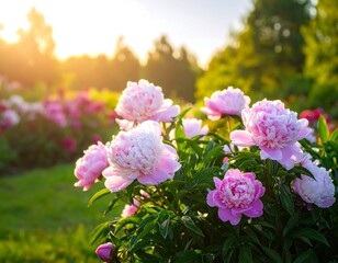 Fototapeta premium Blossoming pink flowers bathed in warm sunlight in a garden