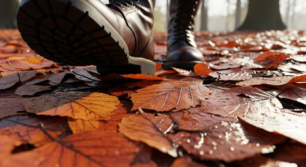 Autumn walk concept. Boots stepping on fall leaves for outdoor lifestyle, nature adventures or seasonal hiking promotions. Beautiful autumnal background. 