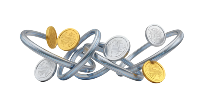 A tangled metallic sculpture with gold and silver coins, isolated on transparent background