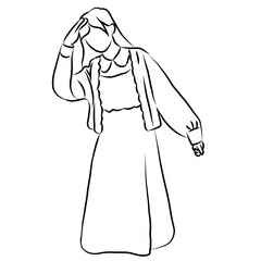 Elegant Woman in Flowing Dress Line Art Illustration

