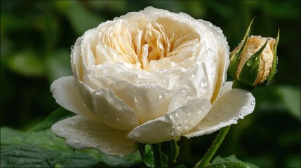 Delicate creamy white rose bloom displays glistening water droplets beside an unopened bud