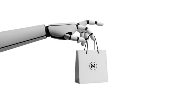 A robotic hand holding a white shopping bag with a logo, isolated on transparent background, symbolizing ecommerce and automated delivery services