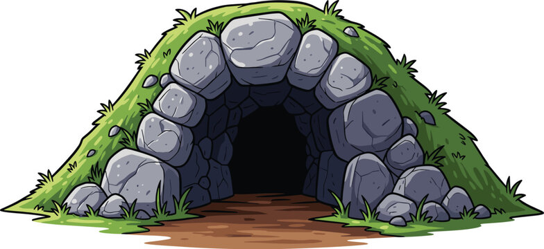 Mossy Stone Cave Entrance Beckons Discovery in a Lush Green Hillside, Perfect for Fantasy Game Design, Adventure Story Illustrations, or Educational Nature Posters, Featuring a Cartoon Style with Thic