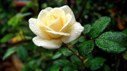 Single pale yellow rose blossom glistens with numerous clear water droplets against a deep green background
