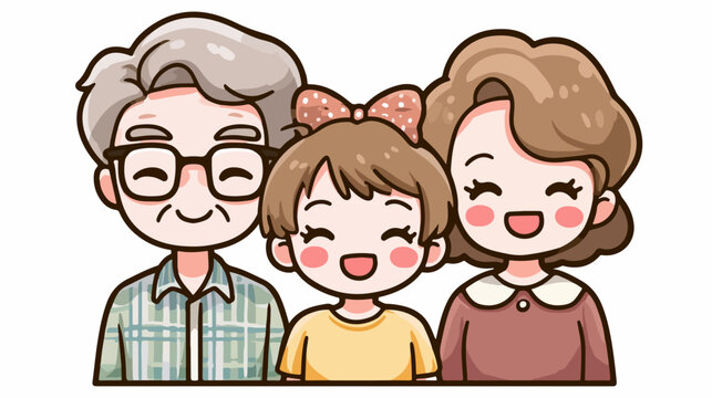 Familia feliz de abuelos y nieta sonriendo juntos en ilustraci&oacute;n vectorial de estilo caricaturesco
