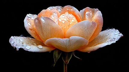 Single apricot colored blossom covered in glistening water droplets sits against a solid black background