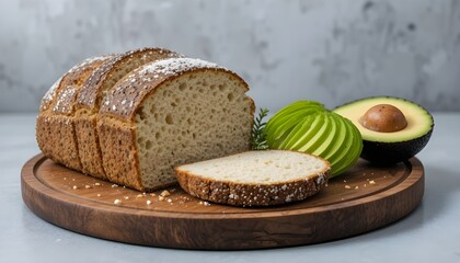 Freshly baked loaf of bread with avocado and green apple on a wooden cutting board