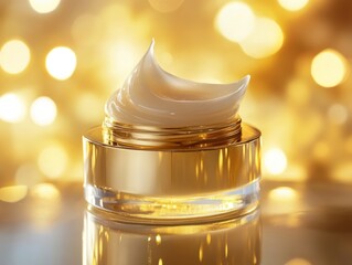 Luxurious gold cream jar with flowing product