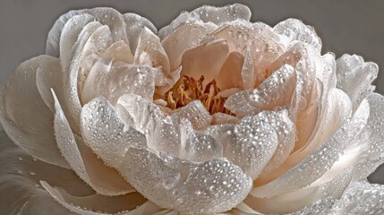 Delicate white bloom exhibits numerous tiny moisture droplets across its layered petals