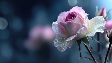 Delicate pale pink bloom displays numerous glistening moisture droplets against a dark background