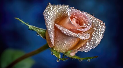 Single peach colored blossom glistens covered with myriad tiny water droplets against a dark background