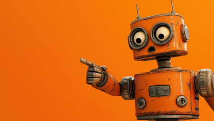 Surprised retro robot pointing a finger, copy space