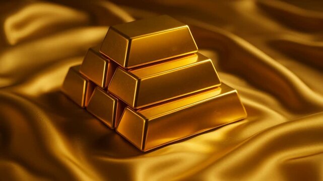Gold investment wealth safe asset. Luxurious shiny gold bars stacked smooth golden fabric, radiating wealth and prosperity stunning visual display